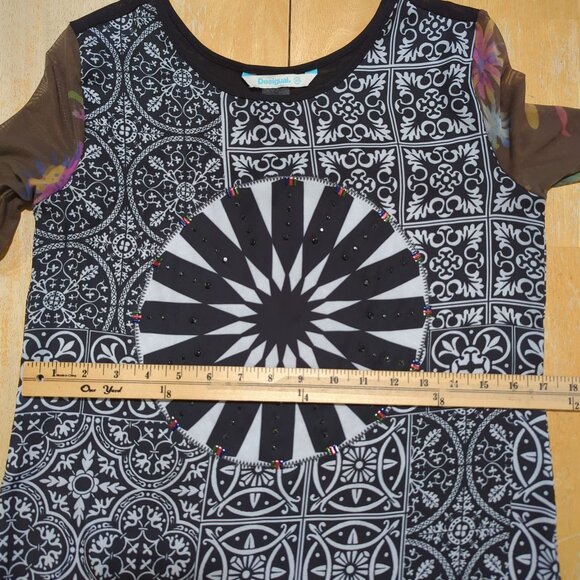 Desigual Women's Long Sleeve Geometric Print Tunic Top With Sheer Floral Sleeves - Picture 10 of 12